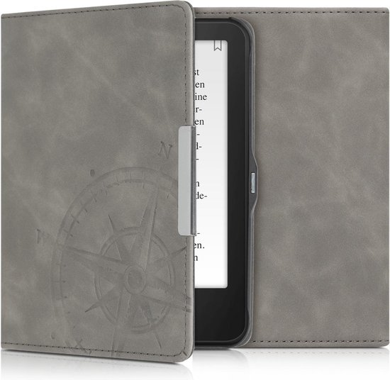 kwmobile e-reader hoesje geschikt voor Tolino Vision 1 / 2 / 3 / 4 HD hoes - Ereader flip case met standaard - Kunstleren e reader cover - Vintage Kompas design in grijs