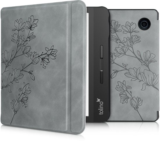 kwmobile e-reader hoesje geschikt voor Tolino Vision 5 hoes - Ereader flip case met standaard - Kunstleren e reader cover - Magnolia design in grijs