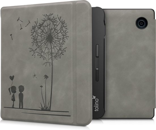 kwmobile e-reader hoesje geschikt voor Tolino Vision 5 hoes - Ereader flip case met standaard - Kunstleren e reader cover - Paardenbloemen Liefde design in grijs