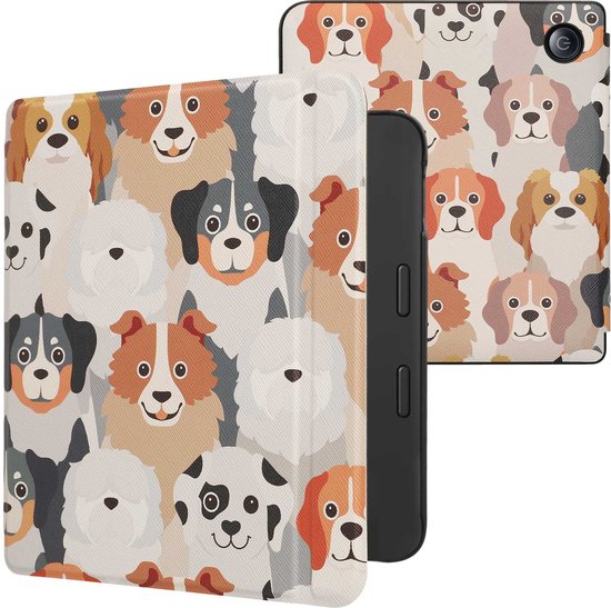 kwmobile e-reader hoesje geschikt voor Tolino Vision 6 hoes - E reader flip case met magnetische sluiting - Ereader cover - Honden Ontwerp design in wit / lichtbruin / grijs van kwmobile