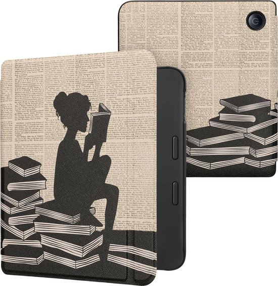 kwmobile e-reader hoesje geschikt voor Tolino Vision 6 hoes - E reader flip case met magnetische sluiting - Ereader cover - Meisje met boeken design in zwart / beige