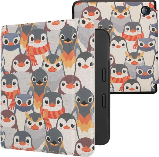 kwmobile e-reader hoesje geschikt voor Tolino Vision 6 hoes - E reader flip case met magnetische sluiting - Ereader cover - Pinguïn Ontwerp design in grijs / geel / bruin van kwmobile