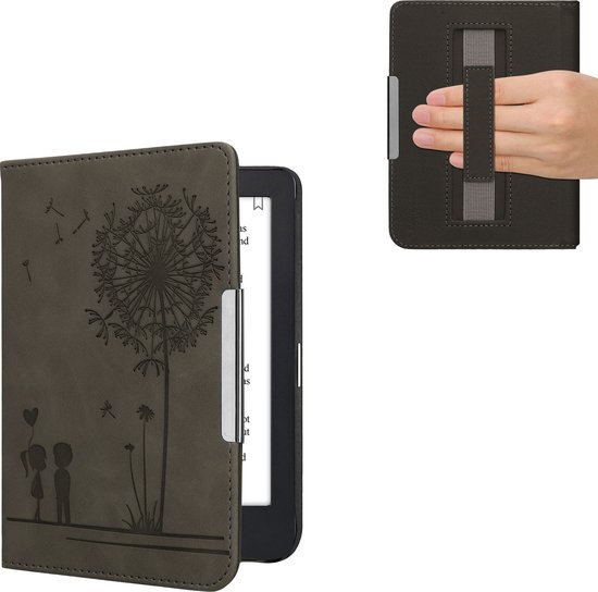 kwmobile ereader hoesje van kunstleer - geschikt voor Kobo Clara 2E - Met magneetsluiting - In grijs Paardenbloemen Liefde design van Merkloos