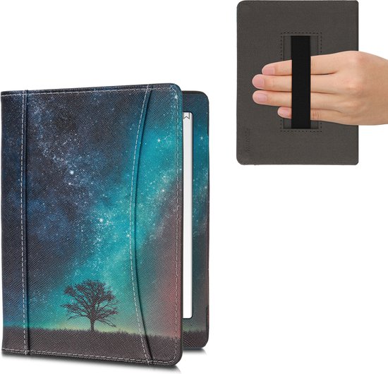 kwmobile flip cover geschikt voor Kobo Aura H2O Edition 2 - Hoes met handgreep en voorvak voor e-reader - Book case in blauw / grijs / zwart - Sterrenstelsel en Boom design van Merkloos