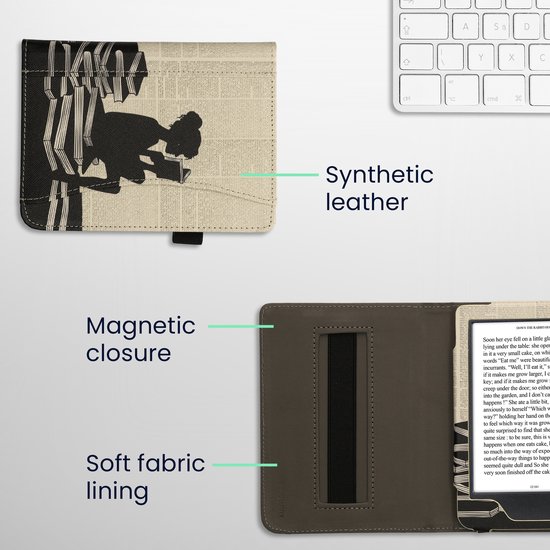 kwmobile flip cover geschikt voor Kobo Clara BW / Colour - Hoes met handgreep en voorvak voor e-reader - Book case in zwart / beige - Meisje met boeken design