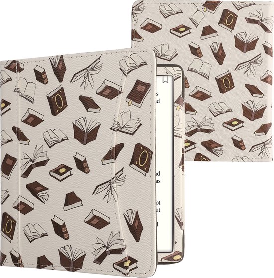 kwmobile flip cover geschikt voor Onyx Boox Leaf 2 - Hoes met handgreep en voorvak voor e-reader - Book case in beige / bruin / goud - Boeken design van Merkloos