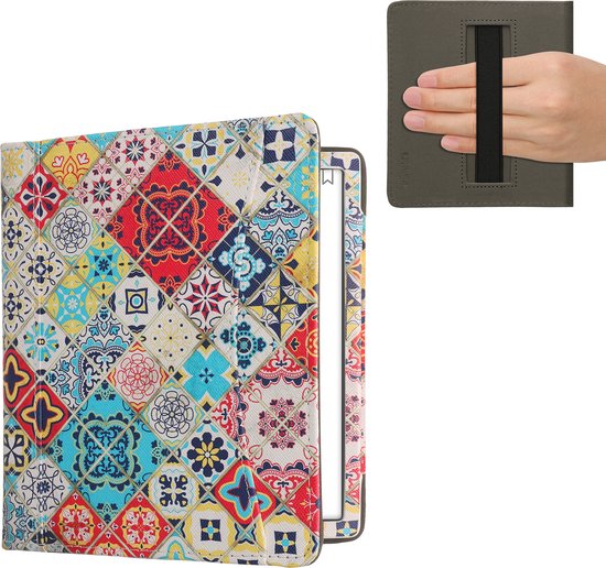 kwmobile flip cover geschikt voor Onyx Boox Leaf 2 - Hoes met handgreep en voorvak voor e-reader - Book case in meerkleurig / bruin - Oriëntaalse Tegels design