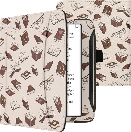 kwmobile flip cover geschikt voor Pocketbook Era / Era Color - Hoes met handgreep en voorvak voor e-reader - Book case in beige / bruin / goud - Boeken design van Merkloos