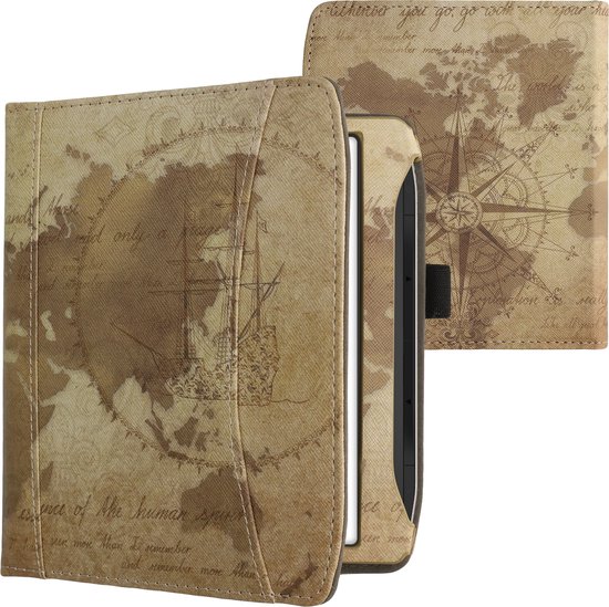 kwmobile flip cover geschikt voor Pocketbook Era / Era Color - Hoes met handgreep en voorvak voor e-reader - Book case in bruin / lichtbruin - Vintage Travel design van Merkloos