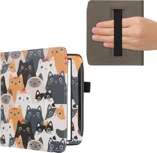 kwmobile flip cover geschikt voor Pocketbook Era / Era Color - Hoes met handgreep en voorvak voor e-reader - Book case in oranje / zwart / wit - Katten design van Merkloos
