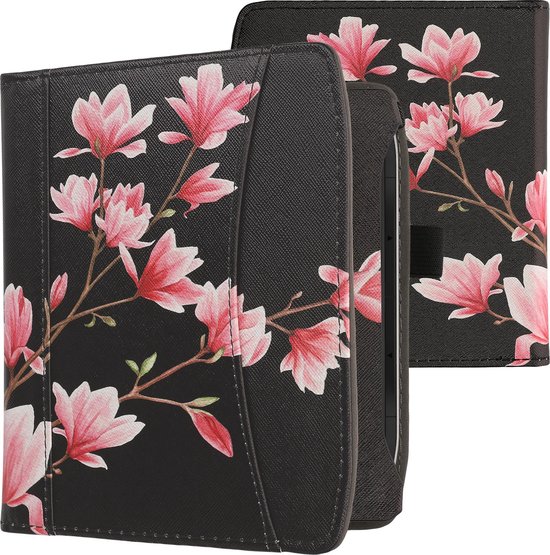 kwmobile flip cover geschikt voor Pocketbook Era / Era Color - Hoes met handgreep en voorvak voor e-reader - Book case in poederroze / wit / zwart - Magnolia design van Merkloos