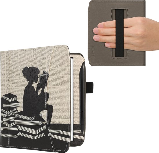 kwmobile flip cover geschikt voor Pocketbook Era / Era Color - Hoes met handgreep en voorvak voor e-reader - Book case in zwart / beige - Meisje met boeken design van Merkloos