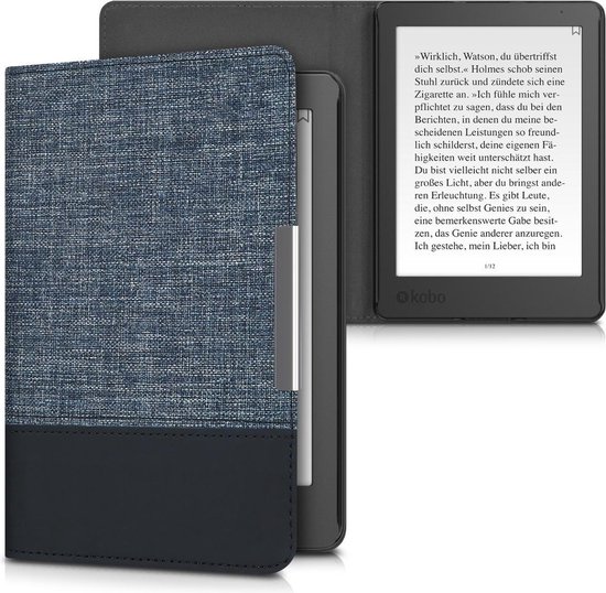 kwmobile hoes geschikt voor Kobo Aura Edition 2 - Canvas beschermhoes in donkerblauw / zwart - Voor e-reader - van Merkloos