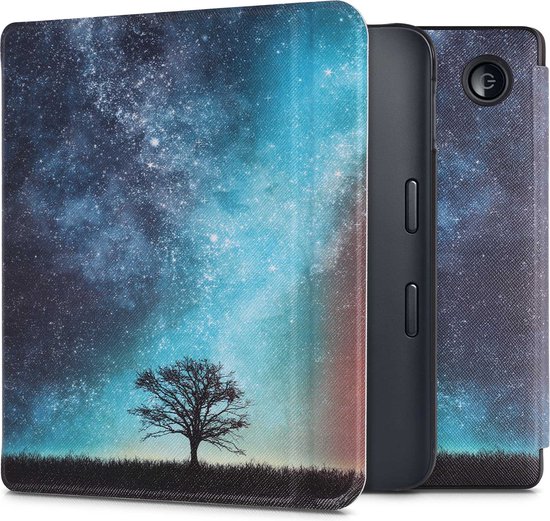 kwmobile hoes geschikt voor Kobo Libra 2 - Magnetische sluiting - E reader cover in blauw / grijs / zwart - Sterrenstelsel en Boom design van Merkloos