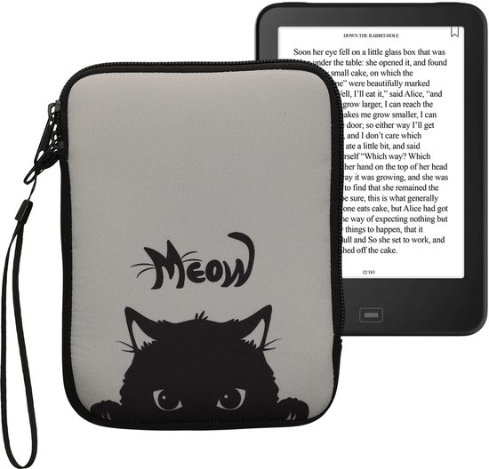 kwmobile Universele Cover voor eReader - Neopreen hoesje Kat Meow design grijs / zwart - 17 x 12 x 2 cm