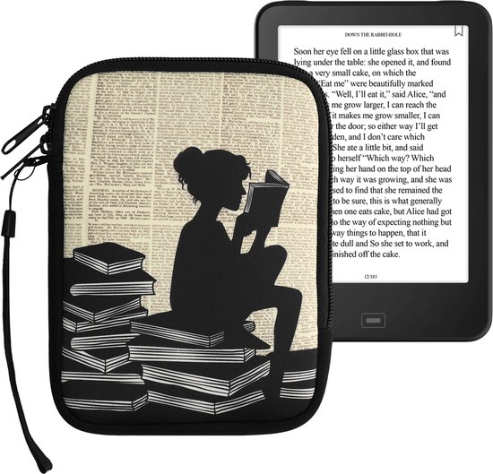 kwmobile Universele Cover voor eReader - Neopreen hoesje Meisje met boeken design zwart / beige - 17 x 12 x 2 cm van kwmobile