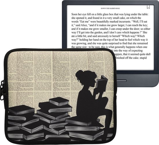 kwmobile Universele Cover voor eReader - Neopreen hoesje Meisje met boeken design zwart / beige - van Merkloos