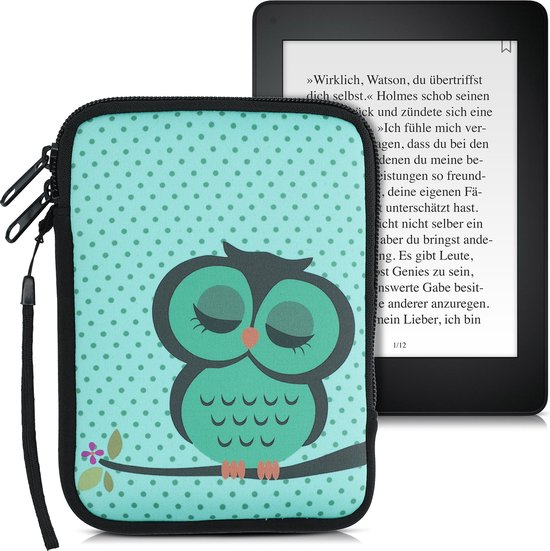 kwmobile Universele Cover voor eReader - Neopreen hoesje Slapende Uil design turquoise / bruin / mintgroen - 17 x 12 x 2 cm van Merkloos