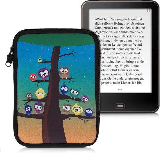 kwmobile Universele Cover voor eReader - Neopreen hoesje Uilboom design meerkleurig / blauw / bruin - 17 x 12 x 2 cm