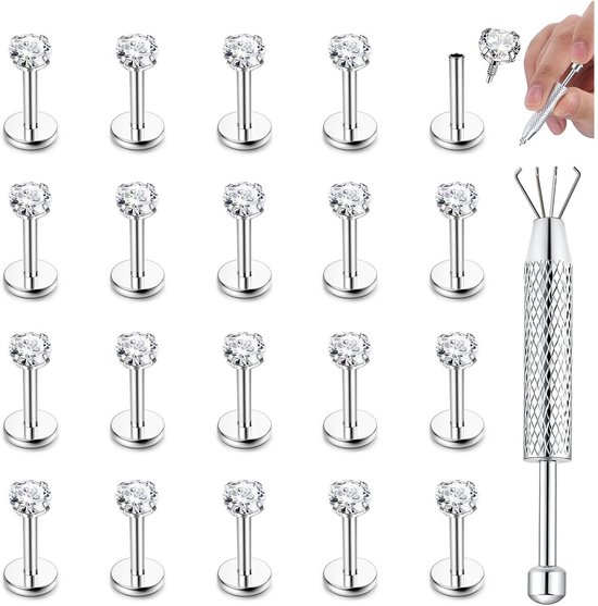 Labret-piercing sieraden van 316L chirurgisch staal, labret-staafjes met CZ-knopje van 3 mm, tragus-, helix-, kraakbeen- of neuspiercing, zilver- of goudkleurige, verticale labret-piercing