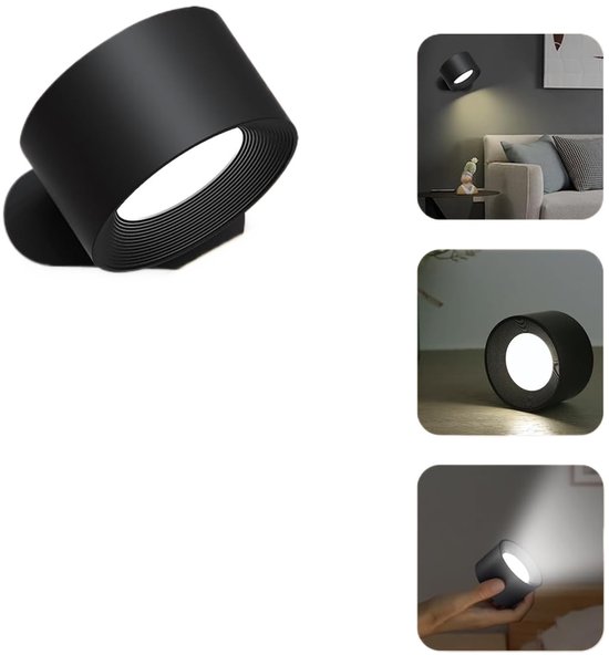 Lamp - Wandlamp binnen - LED wandlamp - Nachtlampje volwassenen - Wandlamp met batterij 1 stuk - Touch control 3 helderheidsniveaus - 360° draaibaar - Voor woonkamer-Slaapkamer-Trap - Zwart van Merkloos