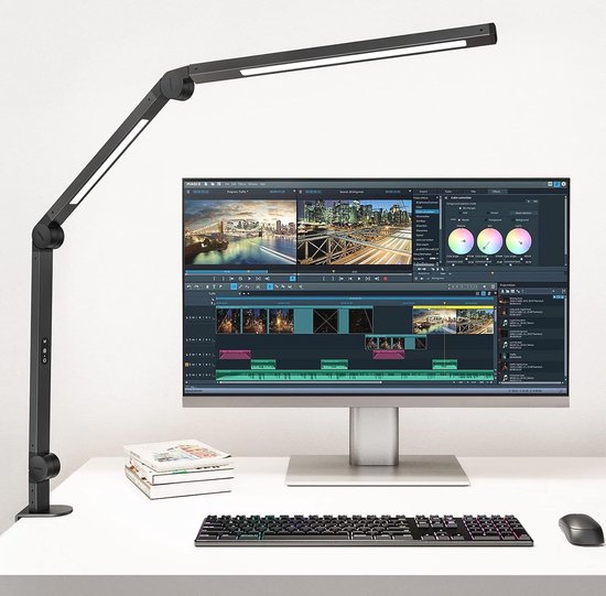 LED Bureaulamp Dimbaar met Klem - Dubbele Lichtbron, 5 Helderheidsniveaus, 4 Kleurmodi - Flexibele Zwenkarm Lamp voor Thuiswerk en Lezen van Trio Leuchten