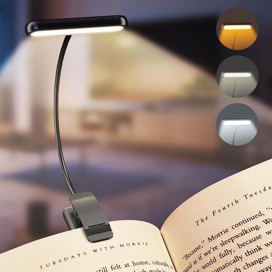LED Leeslampje voor Boek - 3Lichtstanden - Oplaadbaar Leeslampje voor in Bed - Leeslampje met Klem - Boeklampje - Bedlamp -315° draaibaar Leeslamp - Oplaadbare boeklamp USB - Dimbaar - Zwart van Merkloos
