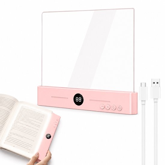 LED Leespaneel - Transparant Boeklampje - Met Smart Timer & Display - 3 Lichtstanden & Traploos Dimbaar - 1200mAh Oplaadbaar - Plat leeslampje - Perfect voor Lezen in Bed - Roze