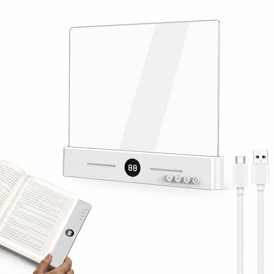 LED Leespaneel - Transparant Boeklampje - Met Smart Timer & Display - 3 Lichtstanden & Traploos Dimbaar - 1200mAh Oplaadbaar - Plat leeslampje - Perfect voor Lezen in Bed - Wit