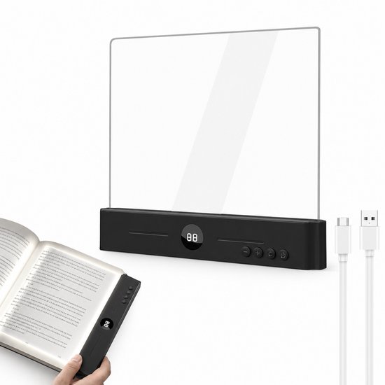 LED Leespaneel - Transparant Boeklampje - Met Smart Timer & Display - 3 Lichtstanden & Traploos Dimbaar - 1200mAh Oplaadbaar - Plat leeslampje - Perfect voor Lezen in Bed - Zwart