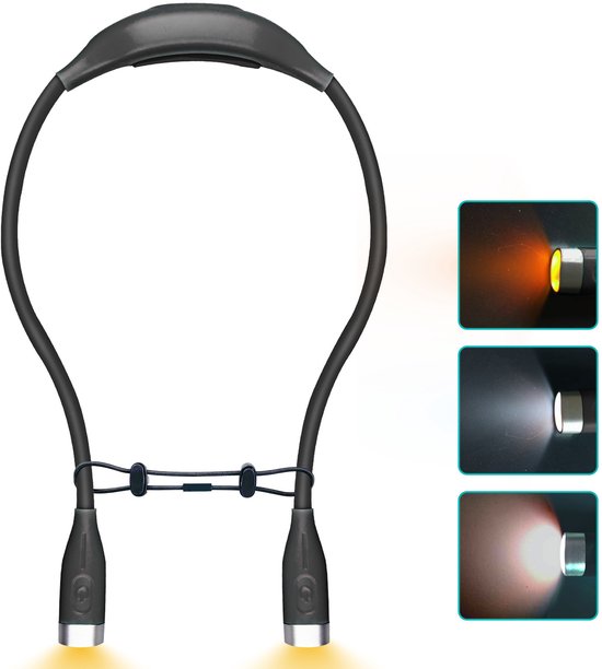 LED-neklamp, oplaadbaar via USB, handsfree, 4 superheldere LED-lampen, 3 instelbare helderheidsniveaus, perfect om in bed te lezen, te breien, te wandelen, te joggen en om 's avonds te ontspannen (zwart). van Merkloos