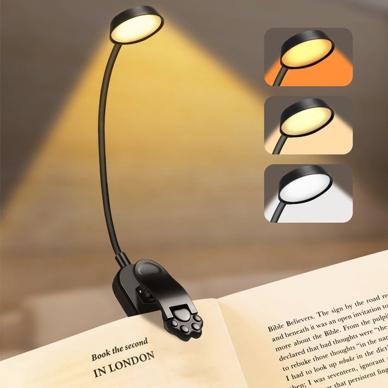 Leeslamp, 16 leds, oplaadbaar, klemlamp, bedlampje voor kinderen, 3 kleuren, 360 graden flexibel, licht en draagbaar, perfect voor boekenliefhebbers, bed, kantoor, ronde lamp van Glocusent