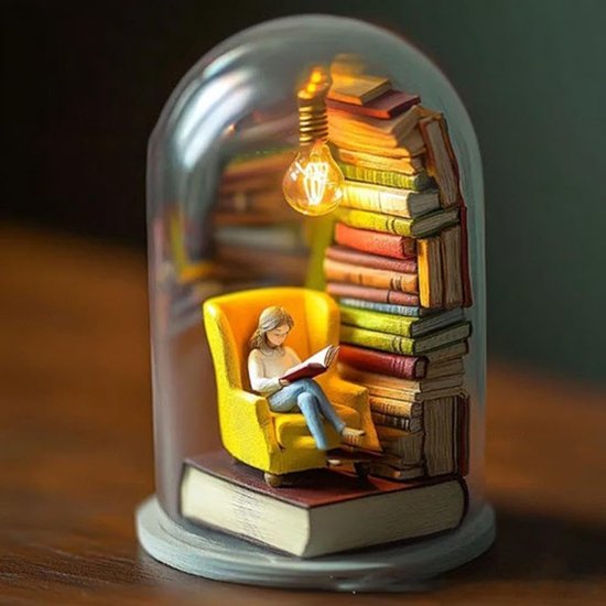 Leeslamp Beeldje - Boekenliefhebber Decoratie - Gezellig Lezen - Miniatuur Boekenkast - 8x8x12 cm - Diverse Kleuren