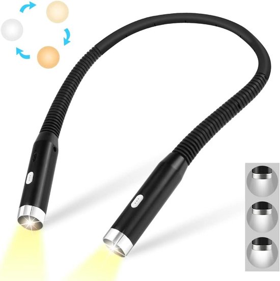 Leeslamp Nek - Halslamp Flexibel - Handsfree Lezen - 3 Kleuren 3 Helderheid - Oplaadbaar - Zwart