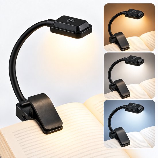 Leeslampje voor boek - Boeklampje - Klemlamp - 3 LED Kleuren - Staand Bedlampje Lamp - USB Oplaadbaar - Dimbaar - Zwart