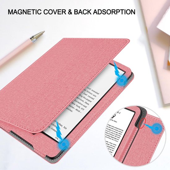 Linnenstructuur Beschermhoes Met Standaard - Geschikt voor Kindle Paperwhite 6 - Ebook hoes met standaard en handriem - roze