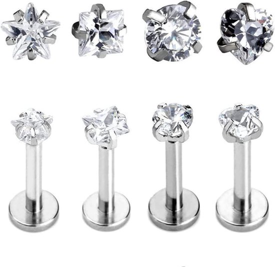 lip chirurgisch staal tragus helix kraakbeen oor piercing zilver 4 stuks
