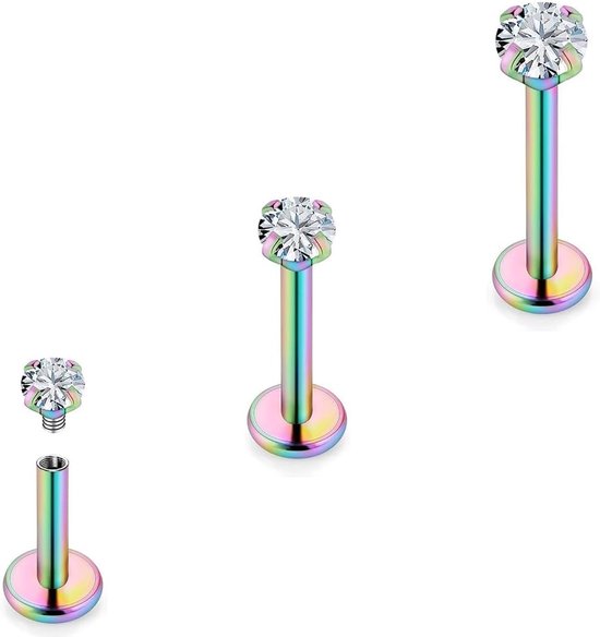 Lippenring van medisch staal, 1,2 mm, 6 mm, lippiercing, zilverkleurig, tragus/helixpiercing, 3 stuks