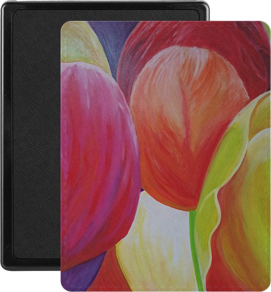 Lunso - Geschikt voor Kobo Aura Edition 1 hoes (6 inch) - Vegan Saffiano Leren sleep cover - Tulpen van Lunso