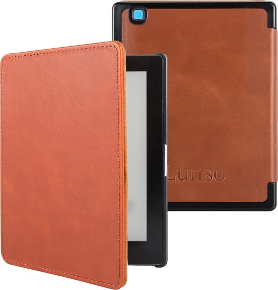 Lunso Geschikt voor Kobo Aura Edition 2 hoes (6 inch) - Leren sleepcover - Cognac van Lunso