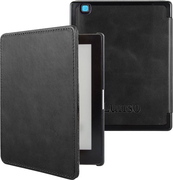 Lunso Geschikt voor Kobo Aura Edition 2 hoes (6 inch) - Leren sleepcover - Zwart van $