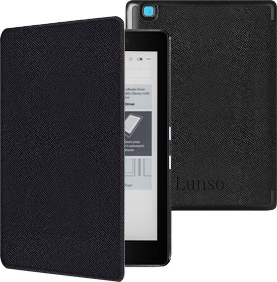 Lunso Geschikt voor Kobo Aura edition 2 hoes (6 inch) - Vegan Leren Saffiano sleepcover - Zwart van Merkloos