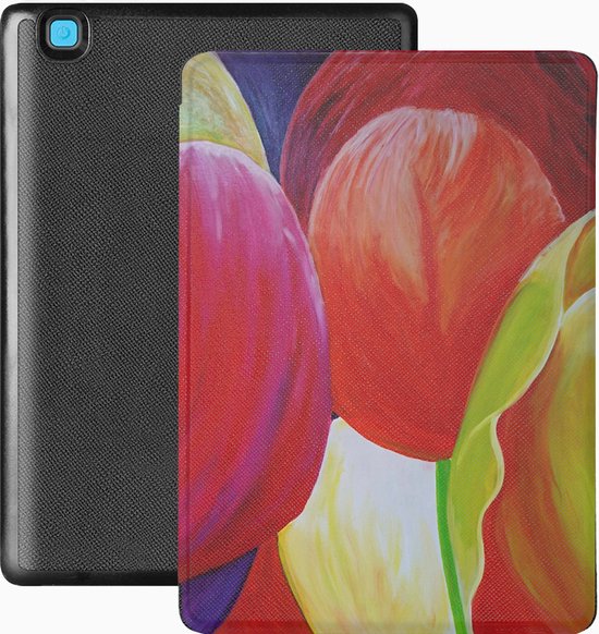Lunso - Geschikt voor Kobo Aura Edition 2 hoes (6 inch) - Vegan Saffiano Leren sleep cover - Tulpen van Merkloos