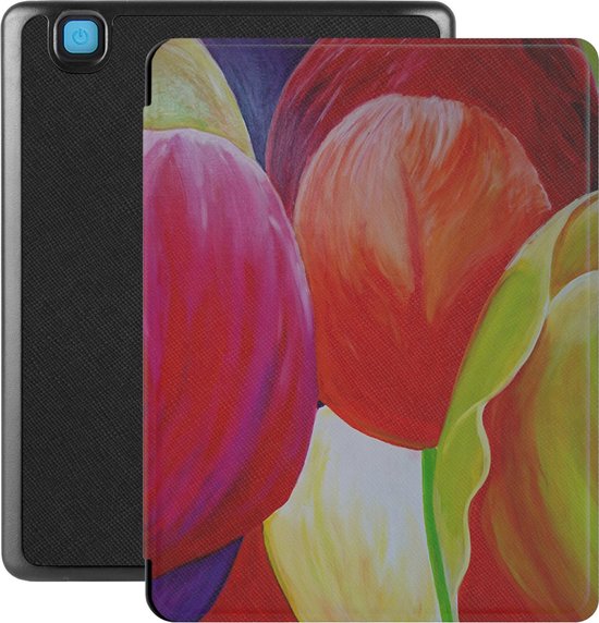 Lunso - Geschikt voor Kobo Aura H20 Edition 2 hoes (6.8 inch) - Vegan Saffiano Leren sleep cover - Tulpen van Lunso