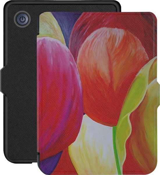 Lunso - Geschikt voor Kobo Clara 2E hoes (6 inch) - Vegan Saffiano Leren sleep cover - Tulpen van Lunso