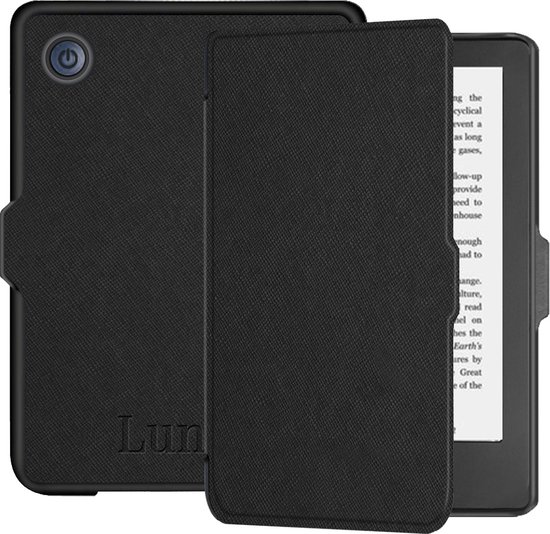 Lunso - Geschikt voor Kobo Clara 2E hoes (6 inch) - Vegan Saffiano Leren sleep cover - Zwart van Lunso