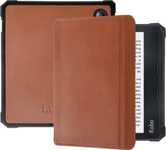Lunso - Geschikt voor Kobo Libra 2 hoes (7 inch) - Lederen sleep cover - Cognac van Lunso