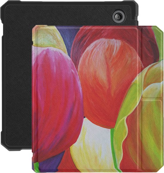 Lunso - Geschikt voor Kobo Libra 2 hoes (7 inch) - Vegan Saffiano Leren sleep cover - Tulpen van Merkloos