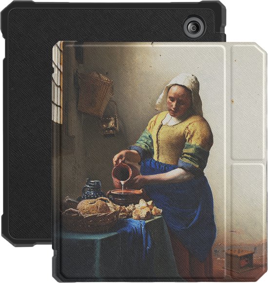 Lunso - Geschikt voor Kobo Libra 2 hoes (7 inch) - Vegan Saffiano Leren sleep cover - Vermeer Melkmeisje van Merkloos