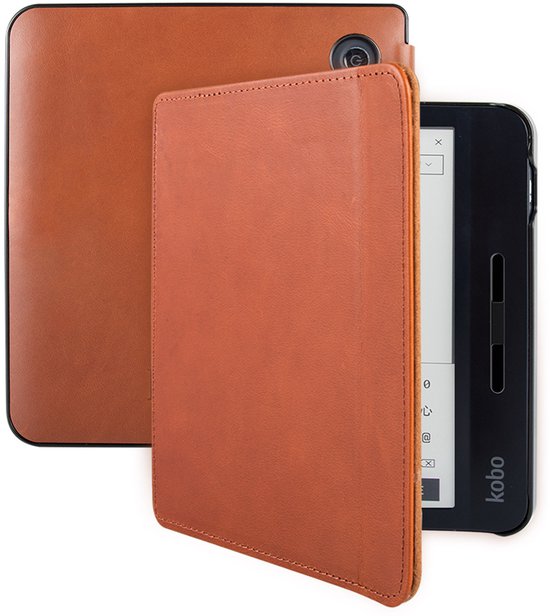 Lunso Geschikt voor Kobo Libra H20 hoes (7 inch) - Leren sleepcover - Cognac